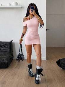 Vestido corto de manga corta asimétrico, de cuello básico, de uso diario, casual, elástico y minimalista estilo Y2K para mujer, apto para todas las estaciones - Rosa - Ver 2