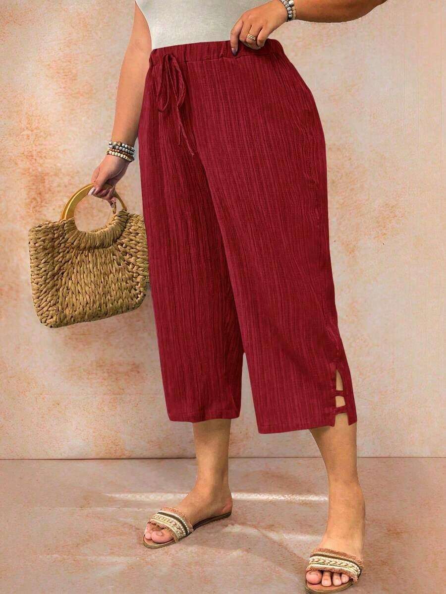 Pantalones casuales sueltos para mujer de talla grande, de unicolor, con cintura elástica y cordón - Rojo - Ver 1