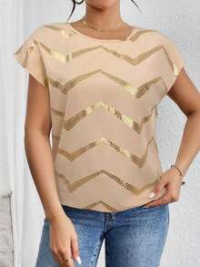 Blusa de mangas tipo murciélago de satén de unicolor, blusas de manga corta - Albaricoque - Ver 5