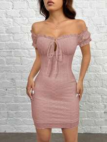 Vestido ajustado de punto con hombros descubiertos - Rosa vieja - Ver 3