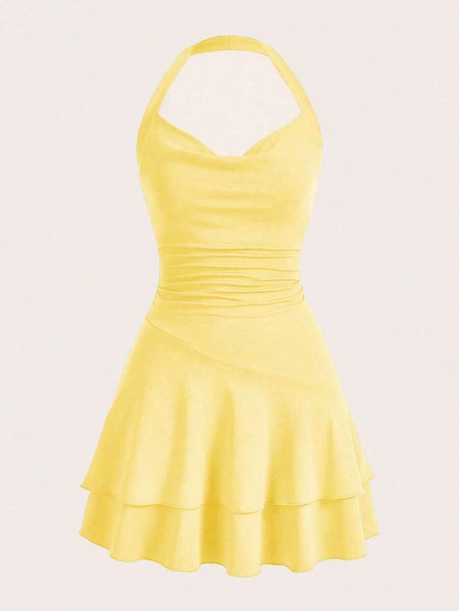 Vestido Rojo De Punto Sin Mangas Con Cuello Halter Y Doble Capa, Ajustado Para Mujer - Amarillo - Ver 1