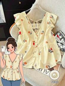 Blusa de mujer de talla grande con estampado floral de gasa, estilo casual de frente abierto tipo resort, versátil para primavera, verano y otoño - Amarillo claro - Ver 8