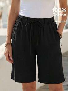 Bermudas, unicolor, con bolsillos laterales, corte holgado, longitud hasta la rodilla, cintura media, estilo básico - Negro - Ver 1