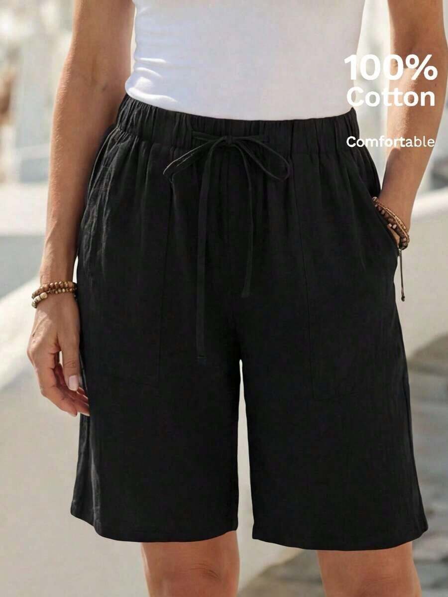 Bermudas, unicolor, con bolsillos laterales, corte holgado, longitud hasta la rodilla, cintura media, estilo básico - Negro - Ver 1