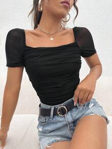 Top de cuello cuadrado fruncido de malla - Negro - Ver 3