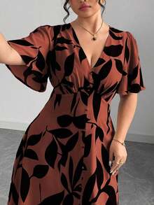 Vestido de mujer de elegancia francesa, versátil, con escote en V, cintura ceñida, línea A, decoración con botones, volante en el bajo, manga farol hasta la mitad, adecuado para ir al trabajo, negocios, casual, vacaciones, té de la tarde, festival - Óxido marrón - Ver 4