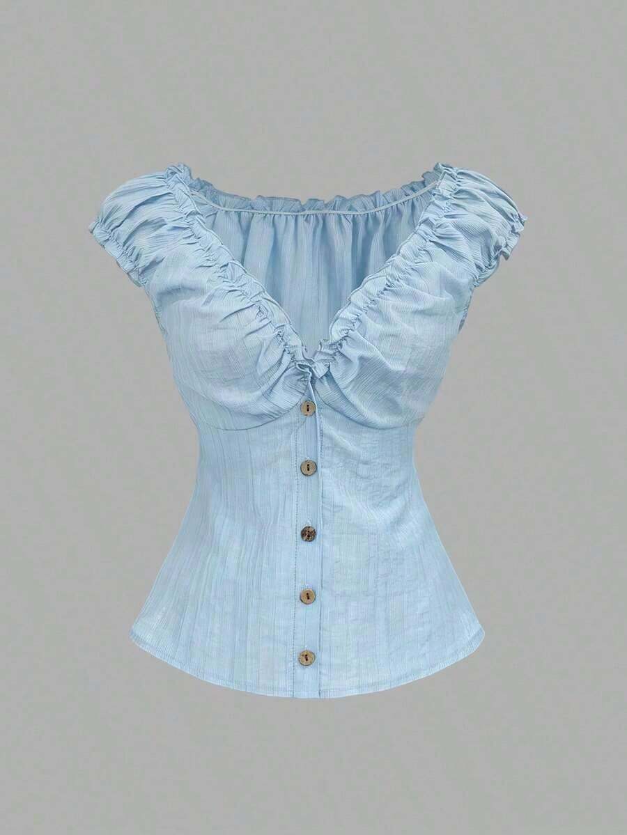 Camisa de mujer de manga corta con botones de madera, volantes y rayas verticales texturizadas en estilo retro francés, adecuada para primavera/verano, casual y citas - Azul - Ver 1