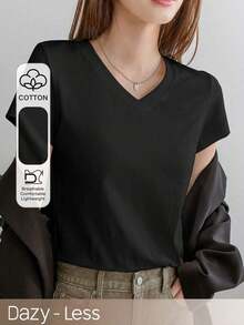 Camiseta casual de mujer de cuello en V y manga corta, unicolor, para uso casual de negocios, para maestras - Negro - Ver 7
