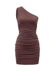 Vestido mini de punto de unicolor con hombros descubiertos, ceñido y sexy para mujer.Vestidos cortos con cuello de hombros descubiertos, apropiado para el Día de San Valentín, elegante - Marrón - Ver 4