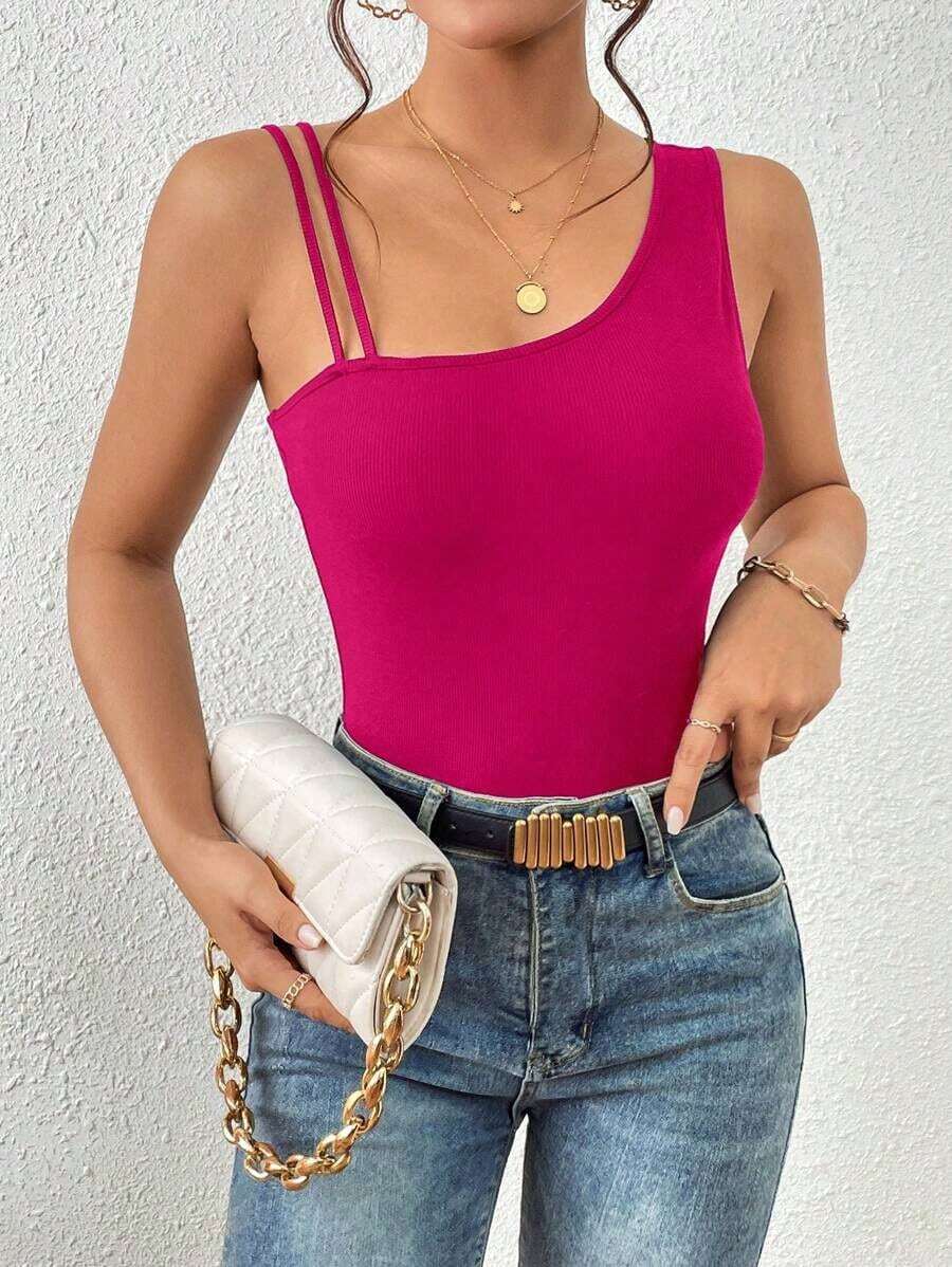 Top unicolor de cuello asimétrico tejido de canalé - Rosa Fucsia - Ver 1