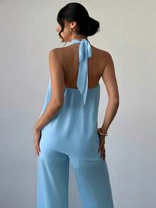 Conjunto de blusa y pantalones rectos holgados de mujer, elegante y casual para oficina, de gasa rosa con cuello de halter sin mangas y dobladillo asimétrico suelto, nuevo para primavera/verano - Azul - Ver 6