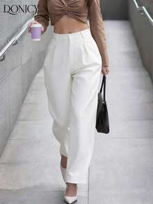 Pantalones rectos de cintura alta de unicolor para mujer, con pliegues, suaves y cómodos, versátiles y elegantes para uso casual urbano, adecuados para uso diario casual, citas, fiestas, San Valentín, carnaval y oficina - Blanco - Ver 1
