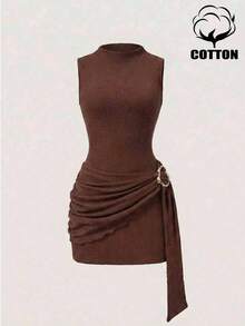 Nuevo vestido de mujer elegante y sexy con cuello alto, hebilla metálica, fruncido y sin mangas, de estilo ceñido, para ocasiones de primavera/verano y citas - Marrón 2 - Ver 7