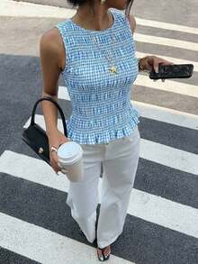 Top sin mangas con escote cuadrado, estampado de cuadros, con volantes en el bajo, para mujer.Top casual de verano con Body fruncido, estilo estético a cuadros, para vacaciones y salidas - Azul y blanco - Ver 5