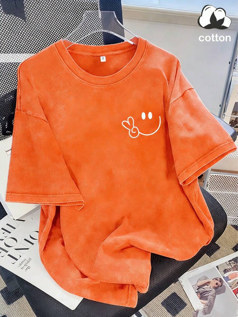 Vintage Washed Cotton Loose-Fit T-Shirt, Cute Face And Heart Print, Women's Casual Street Style Short-Sleeve Top, Wrinkle-Resistant Washed Cotton T-Shirt - 橘色 - 查看 1