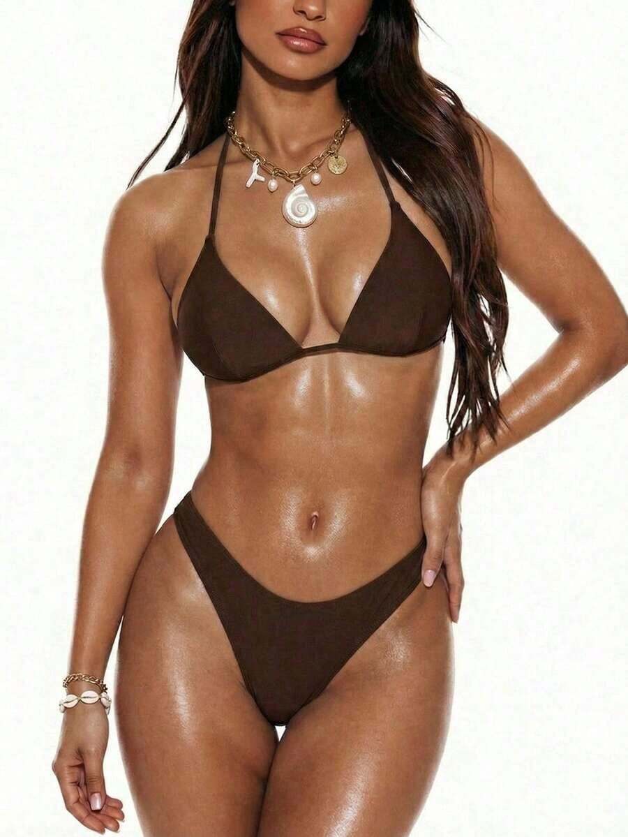 Conjunto de bikini liso, sujetador push up y parte inferior de bikini, traje de baño de 2 piezas - Marrón - Ver 1