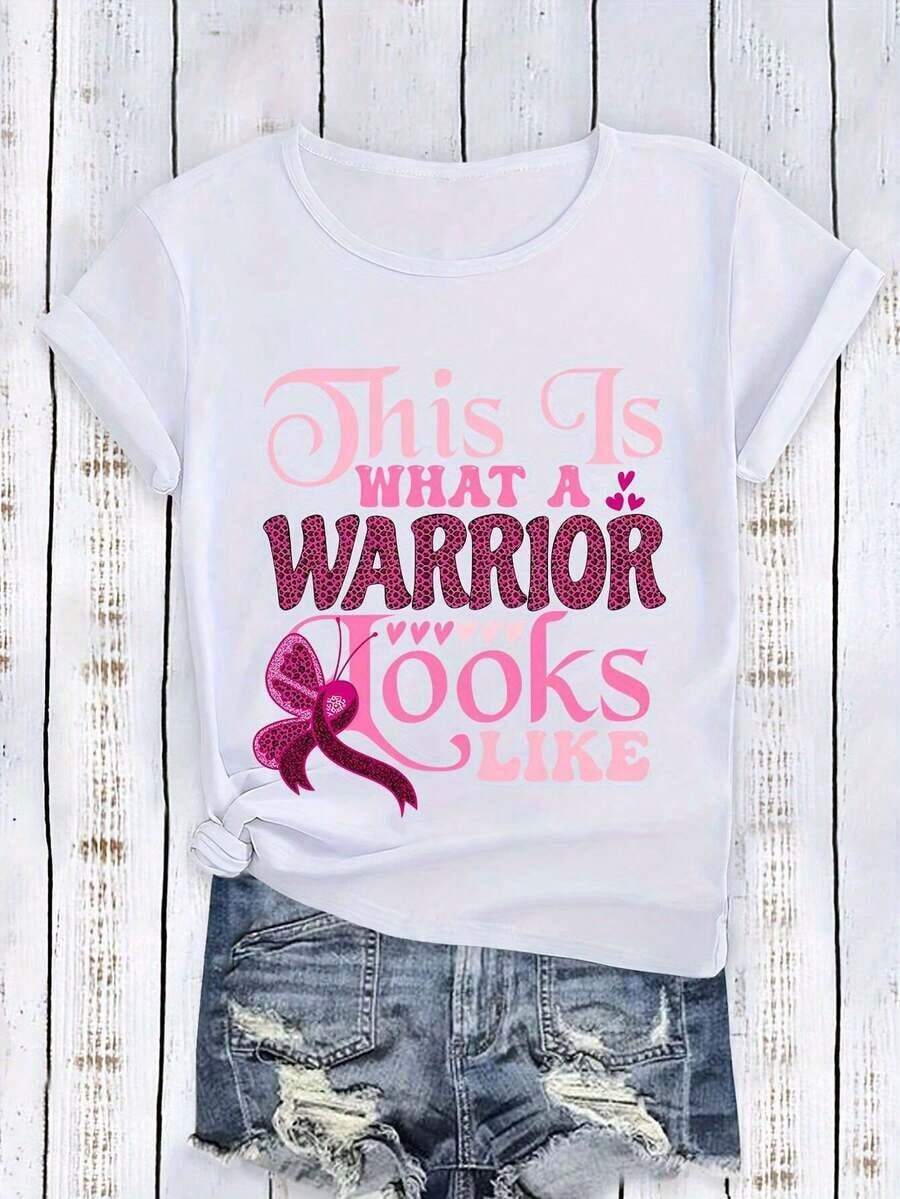 Camiseta de mujer - Estampada con "Así se ve un guerrero" y cintas y texto rosados, 100% de elasticidad media, corte holgado, cuello redondo, adecuada para ropa deportiva casual de uso diario, deportes y actividades de sensibilización. - Blanco - Ver 1