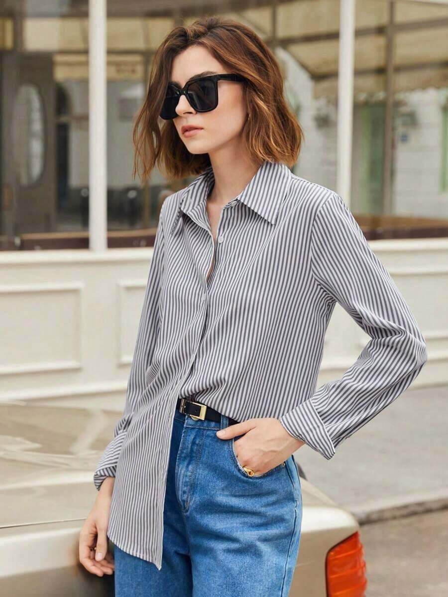 Camisa de mujer de manga larga con hombros caídos y rayas, estilo básico urbano y de commuter, moda simple y elegante, adecuada para vestimenta casual de negocios, oficina, profesora - Gris 2 - Ver 1