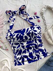 Parte superior de punto ajustada de mujer con cuello de lazo de color blanco, con estampado de hojas tropicales azules, adecuado para vacaciones de verano - Multicolor - Ver 6