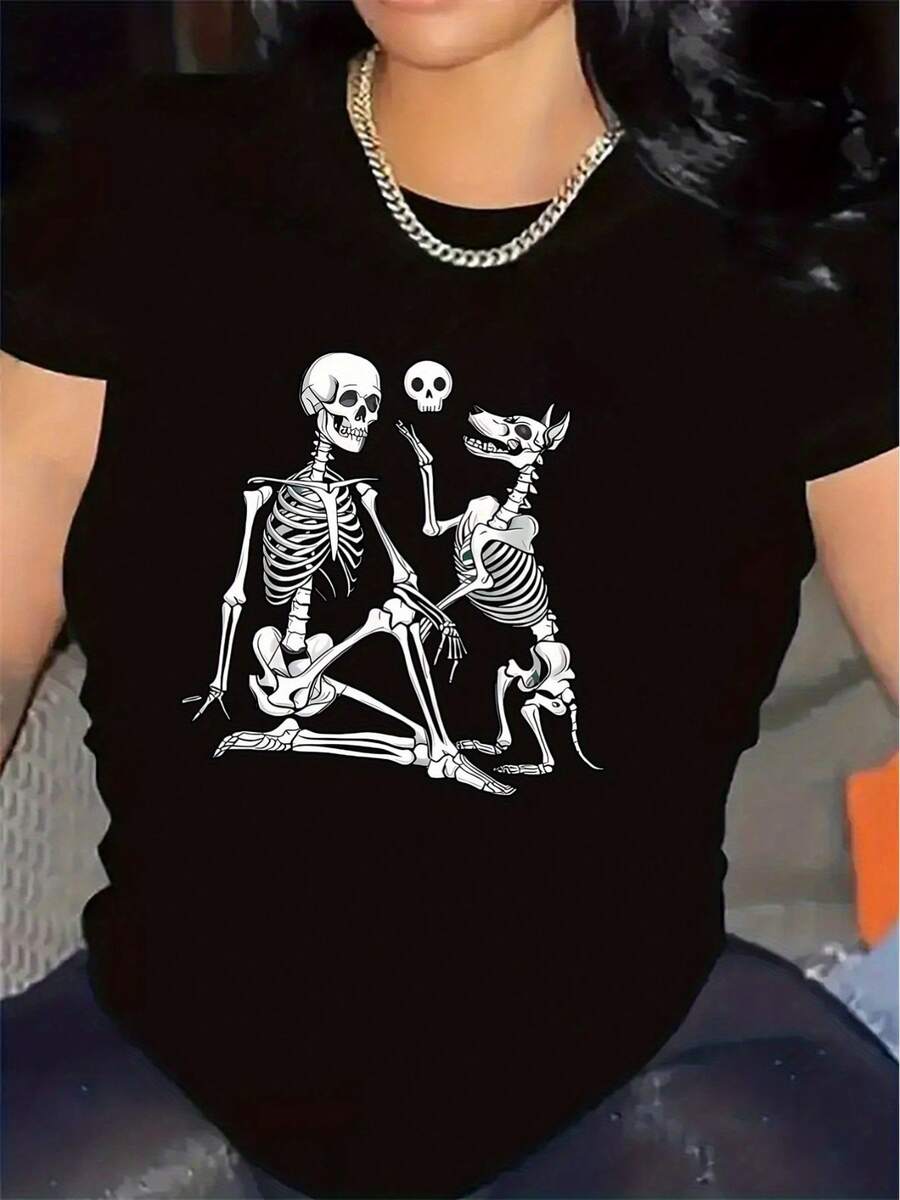 Camiseta de manga corta ligera y duradera, con diseño de calavera, perfecta para la decoración del hogar. Es una opción cómoda para el uso diario, adecuada para espacios como la sala de estar o el comedor. - Negro - Ver 1