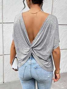 Camiseta gris de verano casual para mujer con escote trasero y nudo trenzado - Gris - Ver 4
