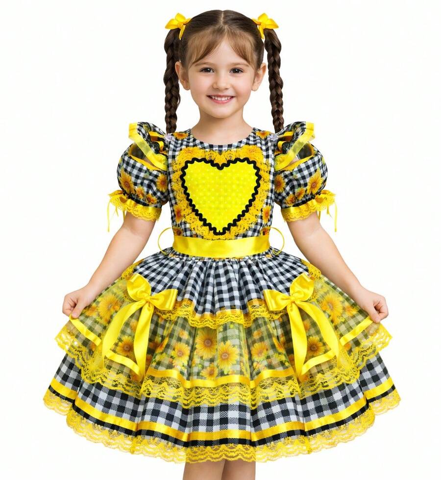 June Festival Dress, Checkered Sunflower Heart, Yellow, Brazil, Girl's, Children's, Ruffled, São João Outfit, Quadrilha, Flared, Queen Of The Corn 2026 - Màu vàng - Xem 1