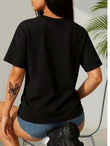 100% Cotton Women's Short Sleeve T-Shirts With Butterfly Flower Print, Round Neck Casual Black Cartoon Print Women's T-Shirts - 黑色 - 查看 2