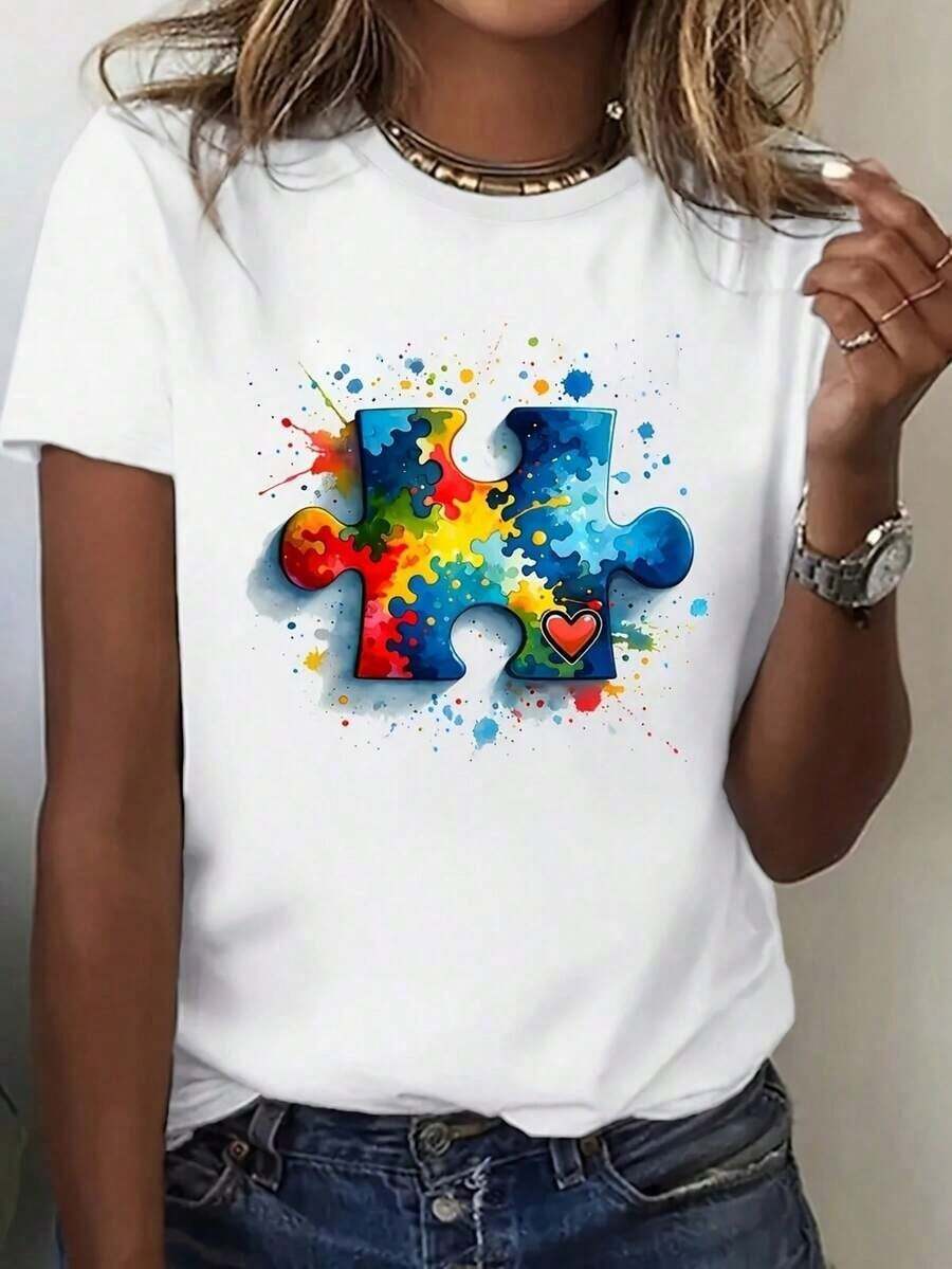 Camiseta Wo  Awareness Puzzle Heart, Blanca, Manga Corta, Corte Holgado, Diseño de Piezas de Rompecabezas Coloridas, Estilo Casual, Ajuste Cómodo, Perfecta para Uso Casual en Primavera y Verano. - Blanco - Ver 1