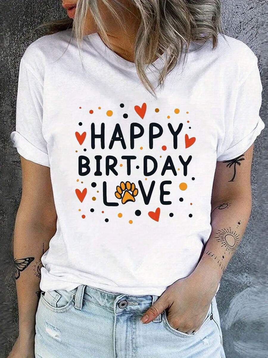 Happy Birthday Print Crew Neck T-Shirt, Casual Short Sleeve T-Shirt For Spring/Summer, Women's Clothing - A Very Distinctive Printed T-Shirt / Unisex Style / Suitable For Both Men And Women / Wrinkle-Resistant / Breathable - 白色 - 查看 1