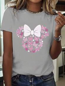 Camiseta casual de manga corta para mujer, ideal para vacaciones de verano, con un divertido estampado de flores y lazos, una camiseta elegante y casual para mujer, una camiseta de cuello redondo cómoda y con un estampado único, una camiseta adecuada para regalar, una camiseta deportiva cómoda y transpirable. - Negro - Ver 9