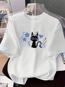 Modern And Minimalist Clothing Of Excellent Quality On  - Women's Casual Sport Style T-Shirt, Short Sleeve, Made Of Sweat-Absorbing Fabric, Combined With A Printed Design, Modern And Versatile For Sports, Casual Daily Wear And Various Occasions, Casual Women's Top For Everyday Wear. - 白色 - 查看 1