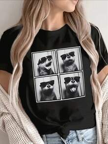 Camiseta de Manga Corta de Poliéster con Estampado de Nutria Divertida con Gafas de Moda, Ligera y Duradera para Uso Casual en Casa, Cafetería o Ambientes al Aire Libre - Negro - Ver 6
