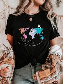 1 pieza Camiseta de manga corta para mujer con estampado de mapa del mundo y avión, diseño 'La Aventura Espera', para primavera y verano, 180g, 100% algodón. - Negro - Ver 1