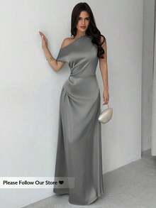 Vestido elegante asimétrico de hombro con pliegues y bajo de cola de sirena en color verde, adecuado para citas, vacaciones, bodas, eventos, regreso a la escuela, graduación, vestido de dama de honor formal, vestidos elegantes para mujer - Gris - Ver 8