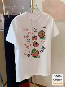 Women's Midi-Length Short-Sleeved T-Shirt With Cartoon Tomato And Heart Print, Minimalist Slimming Loose Design, Casual White Summer T-Shirt For Women. - 白色 - 查看 2