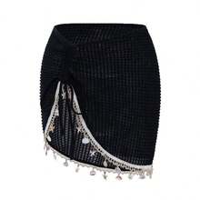 Falda de punto negra para cubrir el bikini con decoración de conchas y estrellas de mar, con abertura sexy. - Blanco - Ver 6