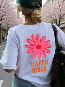 Women's Sets: Women's Summer T-Shirt With Daisy Print And "Happy Vibes", Loose Fit, Round Neck, Casual Style For Everyday Street Wear, White Color. - 白色 - 查看 2
