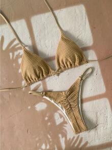 Nuevo estilo de bikini de color sólido, bikini sexy con lazos, traje de baño de dos piezas fresco y sencillo para mujer. - Marrón claro - Ver 1