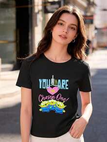 Soft Women's T-Shirt Made Of 100% Cotton, Round Neck, Short Sleeves, Very Comfortable And Soft To The Touch, Ideal For Any Occasion, In Various Colors, With An Original Print, Movie Design, Romantic Green Aliens With A Heart Pattern - 黑色 - 查看 7
