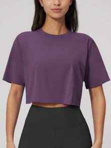 NcmRyu 1 buah Atasan Olahraga Wanita Lengan Pendek Longgar Warna Polos - Purple - View 7