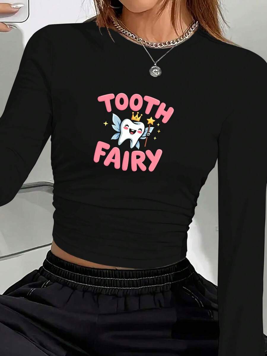 Camiseta de manga larga para mujer con diseño de la hada de los dientes - Negro - Ver 1