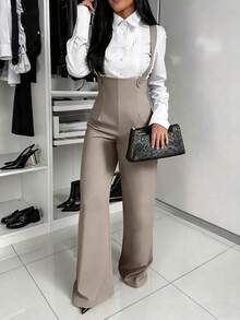 Mono de pierna ancha sin mangas de unicolor elegante para mujer, versión de verano para uso casual en la oficina, color negro - Marrón Mocha - Ver 2