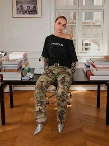 Summer Y2K New Color Block Letter Print Off-Shoulder Neck Leopard Print Long Sleeve Loose Faux Two-Piece Casual Women's T-Shirt - Black - View 3