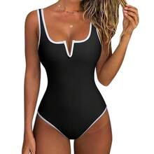 Nuevo traje de baño de una pieza con diseño sexy de bikini en V profunda, color sólido, ajustado al cuerpo. - Azul - Ver 3