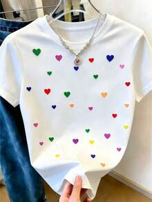 Women's T-Shirt With Small Multicolored Heart Print On A Background, Youthful And Fun Design With Vibrant Colors, Transfer Print, Short Sleeve Round Neck Casual Summer Top - 白色 - 查看 4