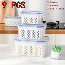18/9/6-Piece Food- Drainage Baskets. Household Airtight Refrigerator Fresh-Keeping Storage Containers With Drain Basket And Lid For Storing Various Fruits And Vegetables. 6/3/2 Boxs+6/3/2 Covers +6/3/2 Drain Nets - View 14