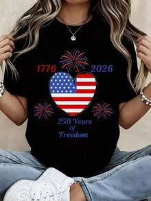 Women's Crew Neck T-Shirt With American Flag And Heart Print 1776-2026 250 Years Of Freedom, Fireworks, Short Sleeve, Independence Day Celebration, Patriotic Clothing For The 4th Of July Party - 黑色 - 查看 1