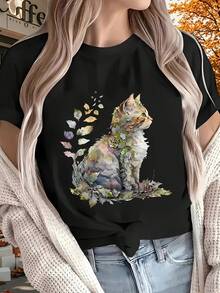 Women's T-Shirt - Soft And Artistic Cat And Butterfly Print Tee - Short Sleeves, Crew Neck, Machine Washable, Casual All-Season Top, Suitable For Home, Outdoor Activities, And Size S - Perfect Gift Option, Comfortable Lounge Top. | Butterfly Print Shirt | Comfortable Fabric Tops For Women - 黑色 - 查看 1