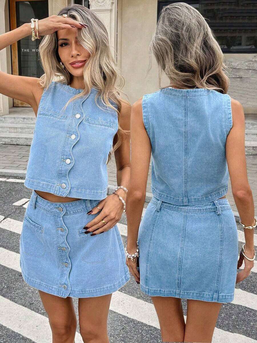 Conjunto casual de chaleco de mujer de una hilera y falda vaquera para primavera a verano, disfraz de carnaval, viaje, graduación, estilo Y2K, fiesta, boda, elegante y casual para mujer.Conjunto a juego de top corto sin mangas de botones y falda mini de línea A de lavado claro, falda vaquera de cintura alta de línea A, conjunto elegante de oficina para mujer, atuendo de picnic de Pascua, conjunto de falda vaquera de botones de línea A - Lavado ligero - Ver 1