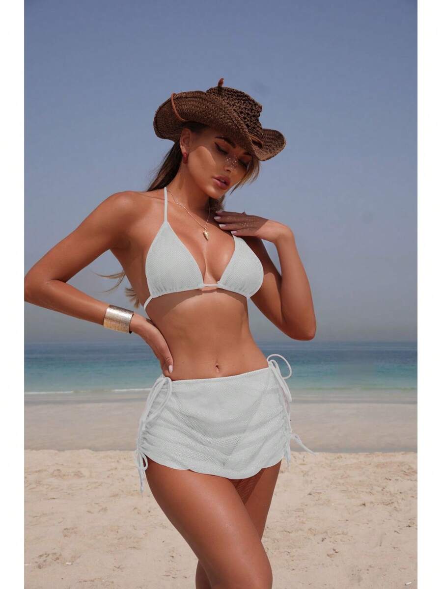 Bikini Sexy de 3 Piezas para Mujer, Set de Playa con Cordones y Diseño Ajustable, Color Sólido - Juego de tres piezas blanco 9363 - Ver 1